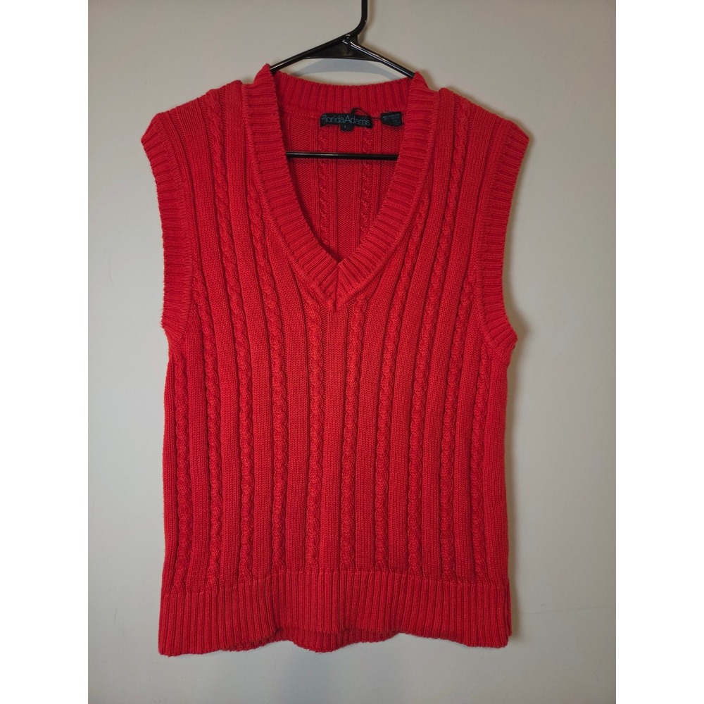Florida Adams Red Cable Knit Sweater Vest 100% Cotton V-Neck Sleeveless L